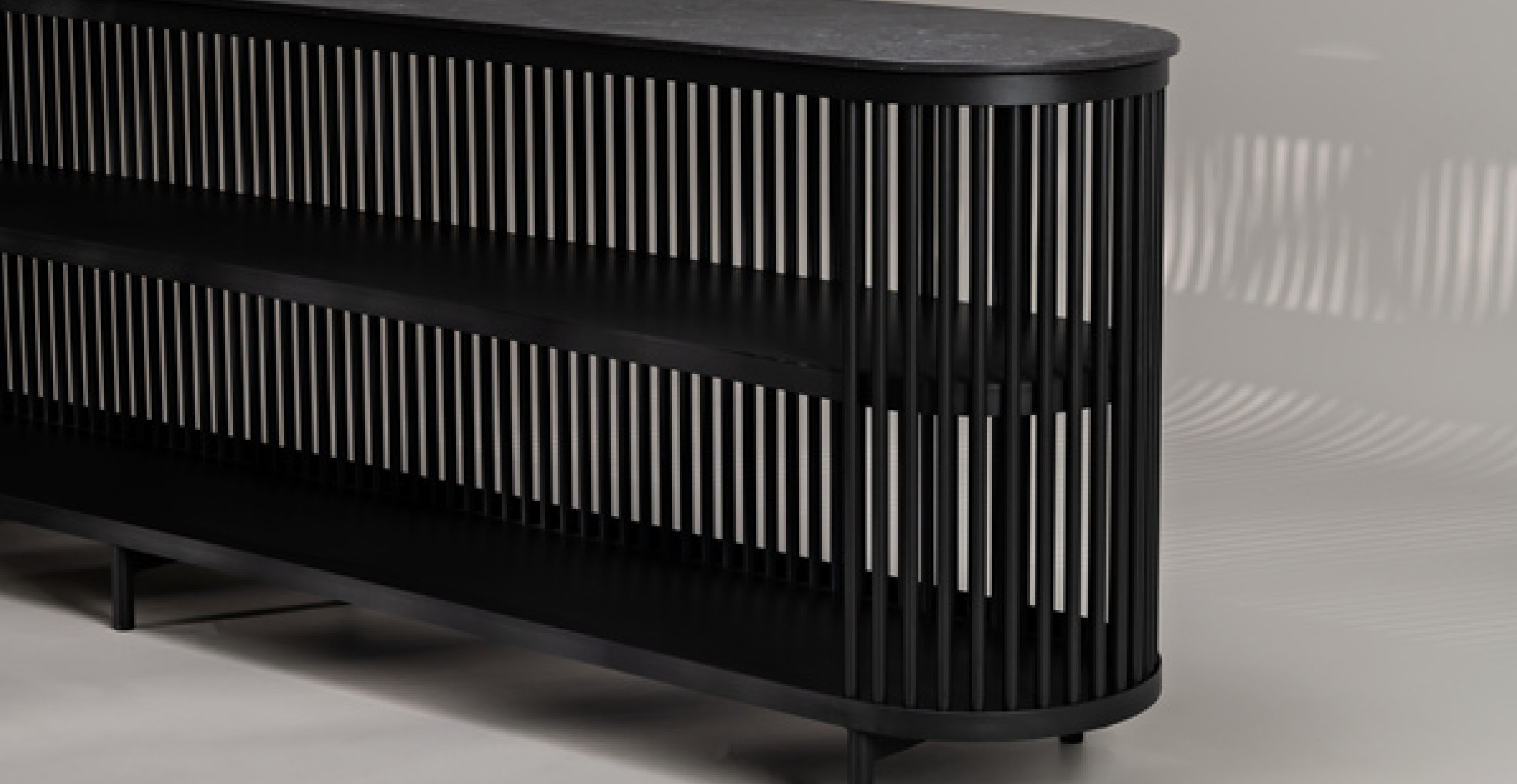 Black wooden slatted side board console