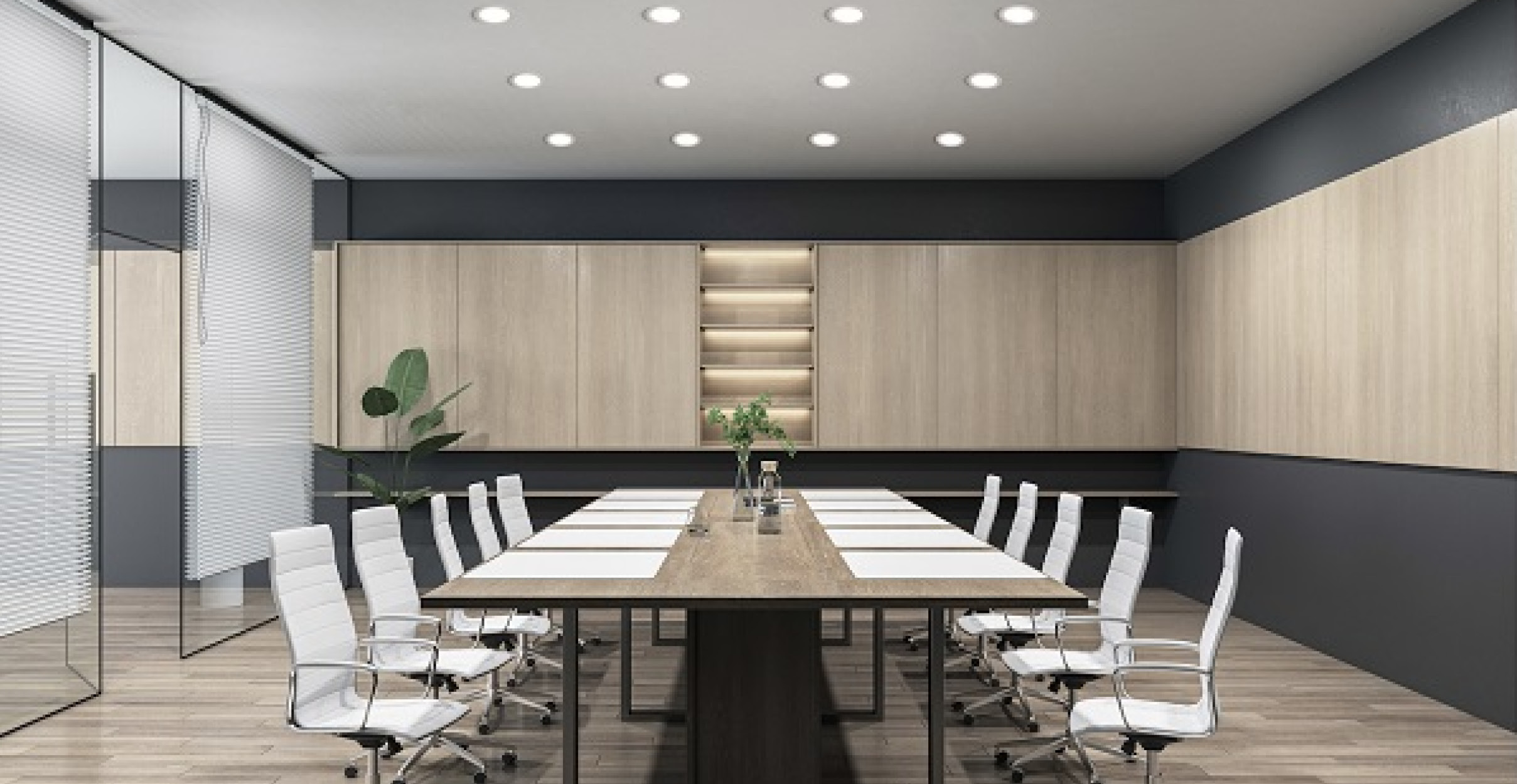 Corporate boardroom office with light wood and black finishes