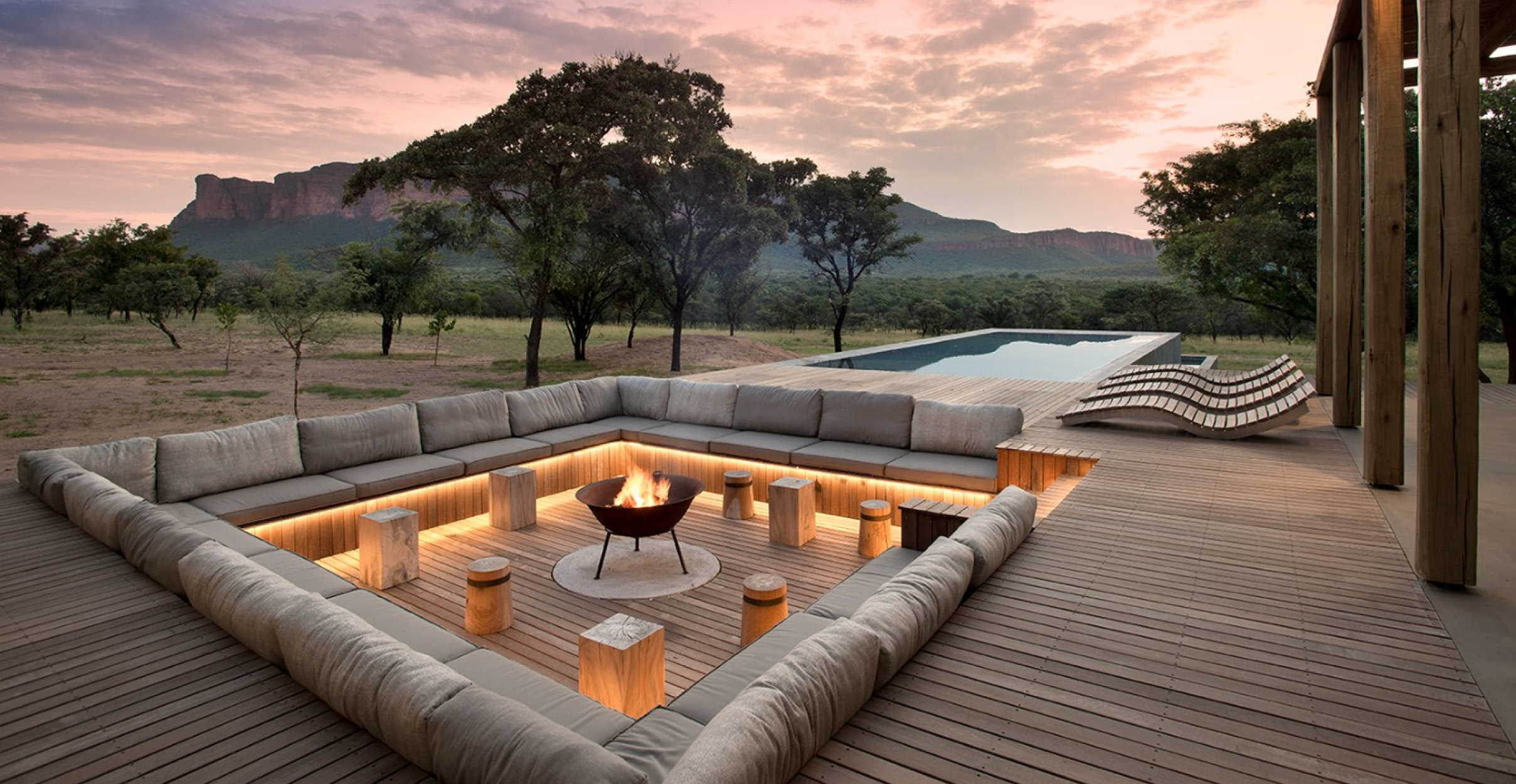 Sunken square safari boma with luxurious cushions